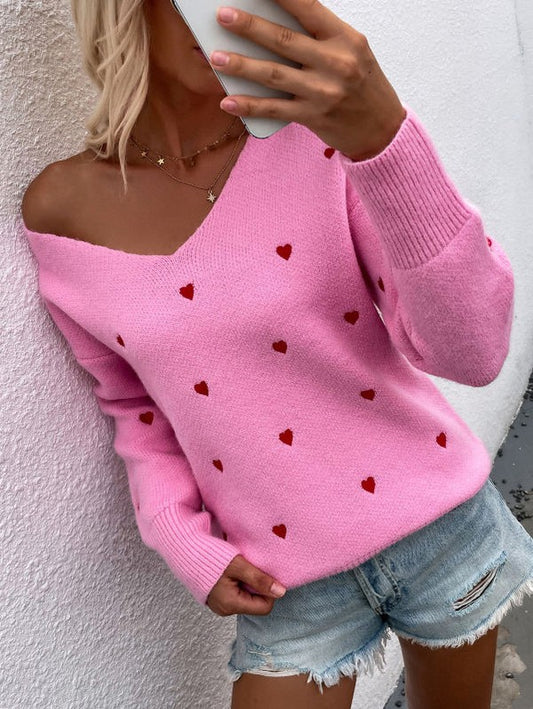 Pink V-Neck Heart Sweater