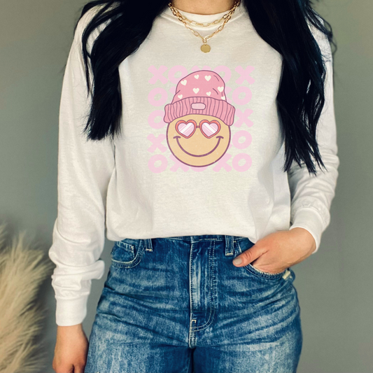 Happy Hearts Smile Face Long Sleeved Crewneck Valentine T-Shirt