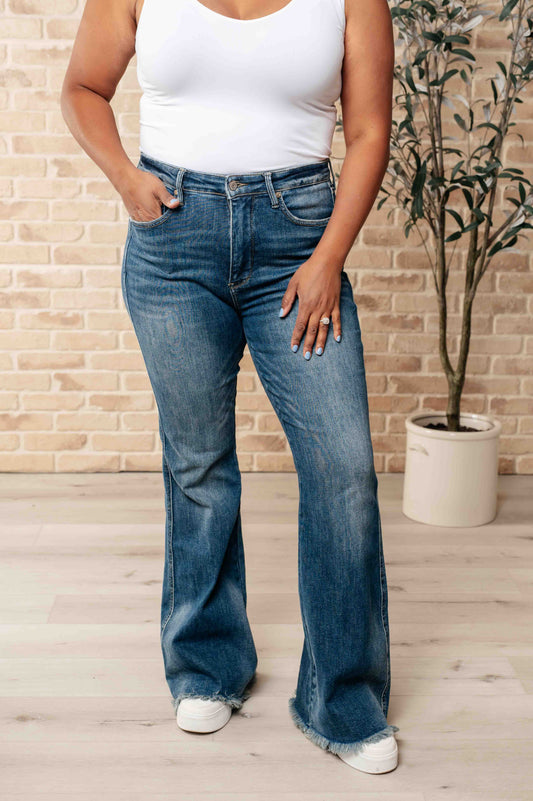 Miley High Waist Control Top Frayed Hem Flare Jeans