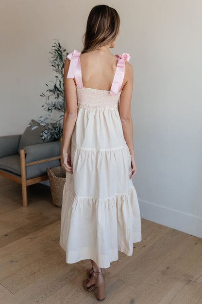 Ivory Tiered Maxi Dress with Pink Bows