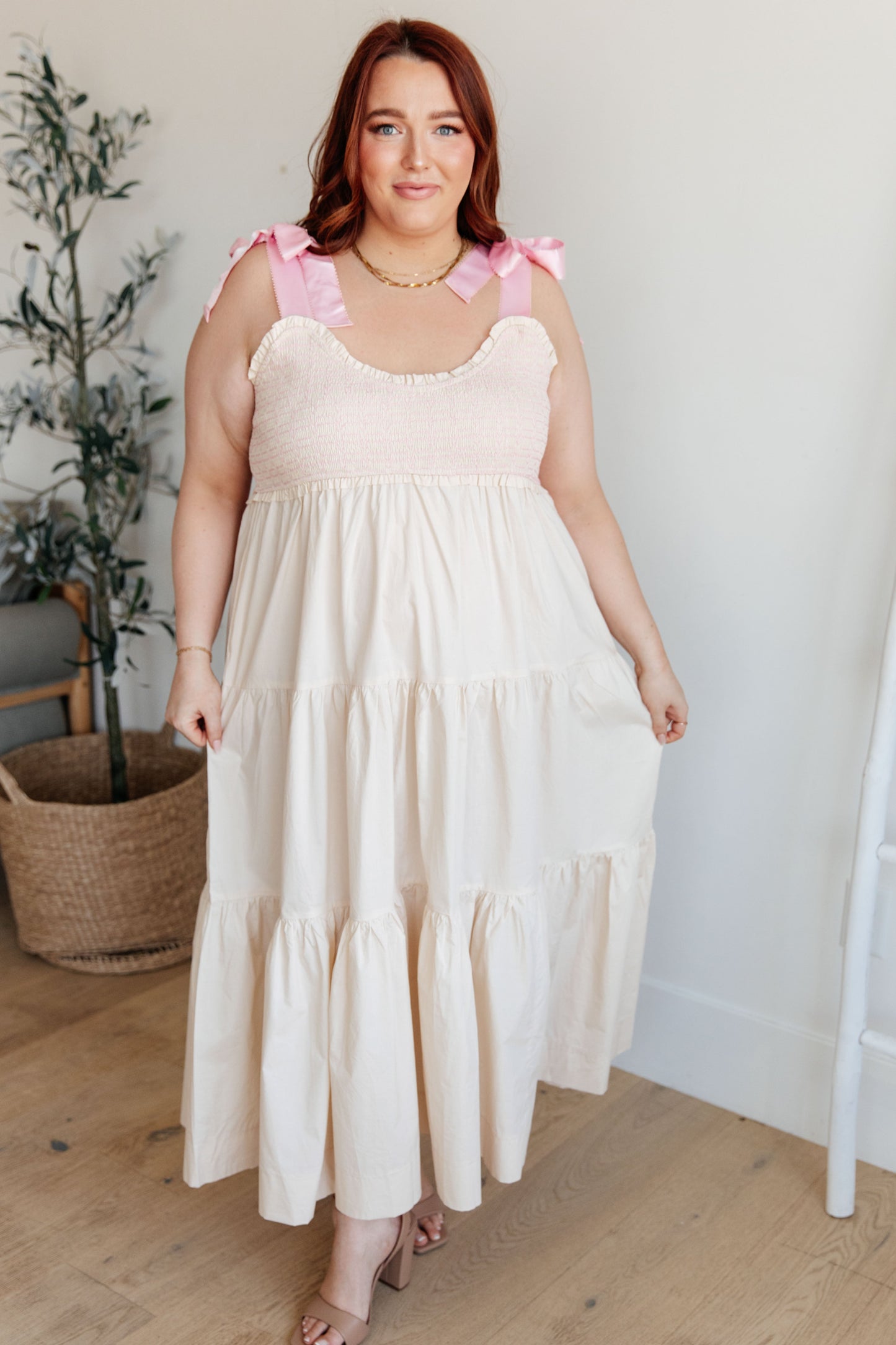 Ivory Tiered Maxi Dress with Pink Bows