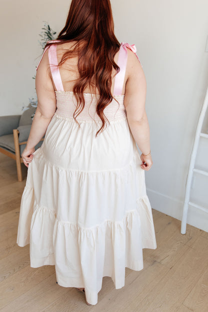 Ivory Tiered Maxi Dress with Pink Bows