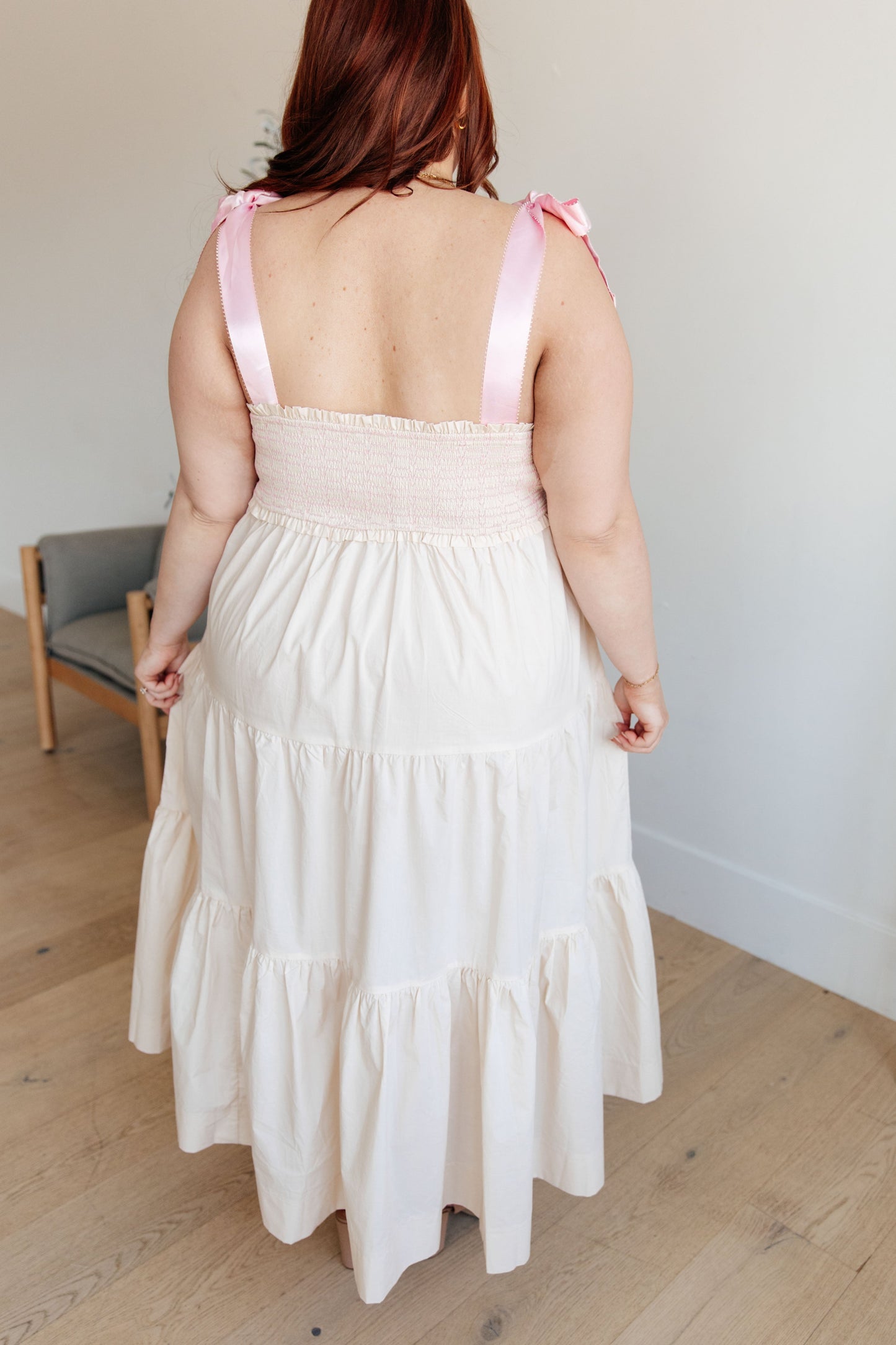 Ivory Tiered Maxi Dress with Pink Bows