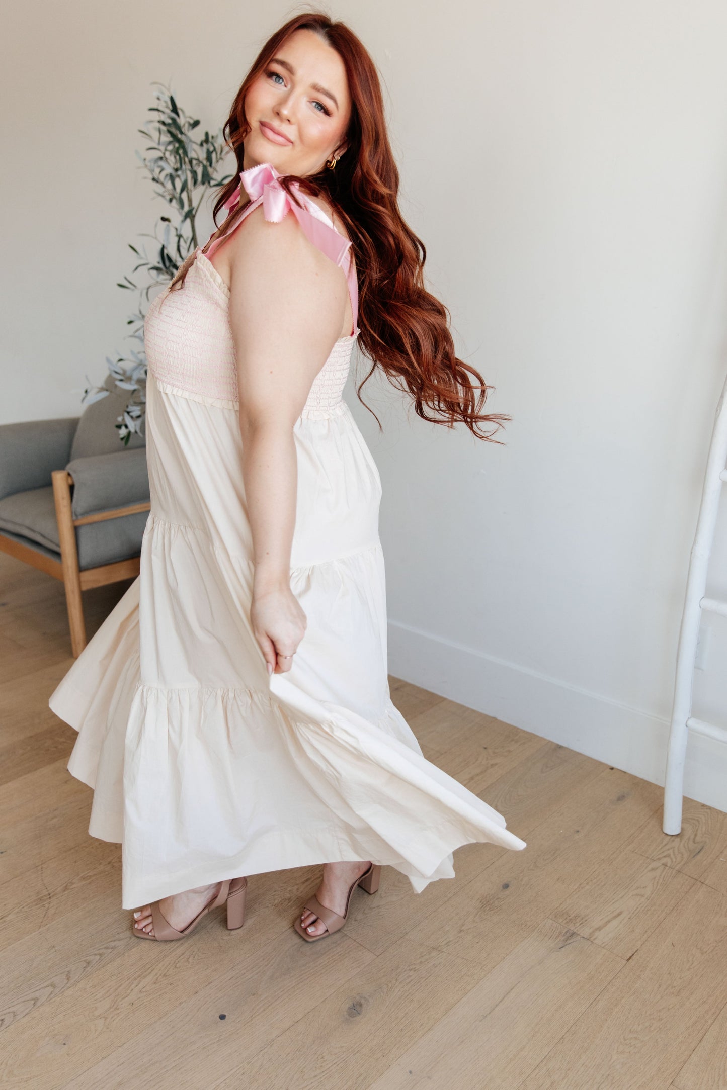 Ivory Tiered Maxi Dress with Pink Bows