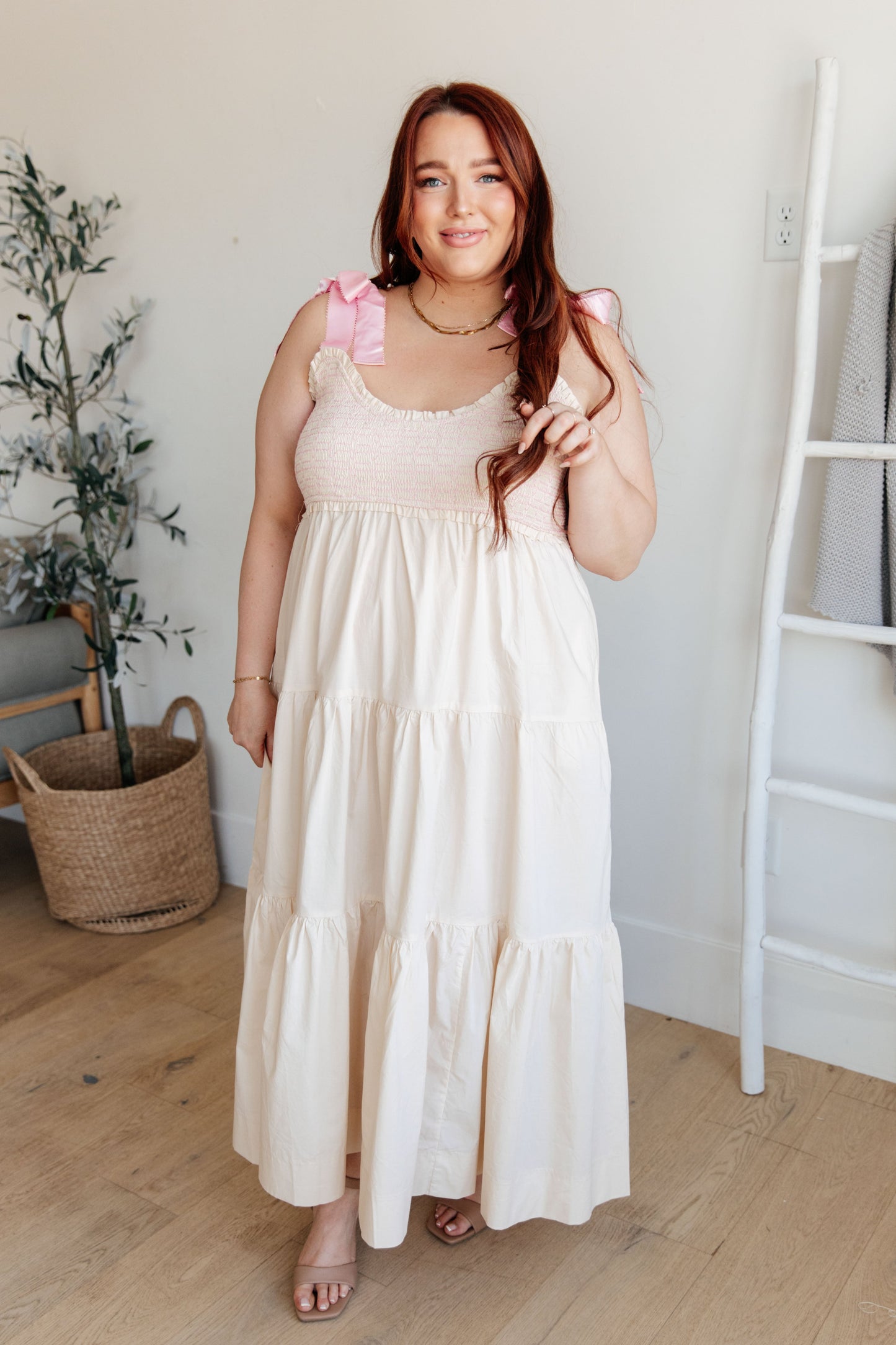 Ivory Tiered Maxi Dress with Pink Bows