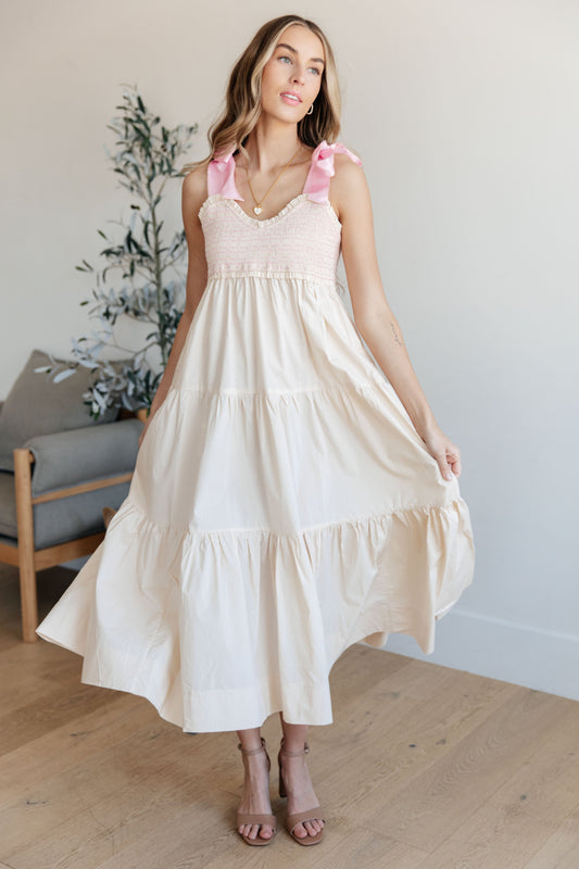 Ivory Tiered Maxi Dress with Pink Bows