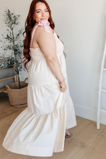 Ivory Tiered Maxi Dress with Pink Bows