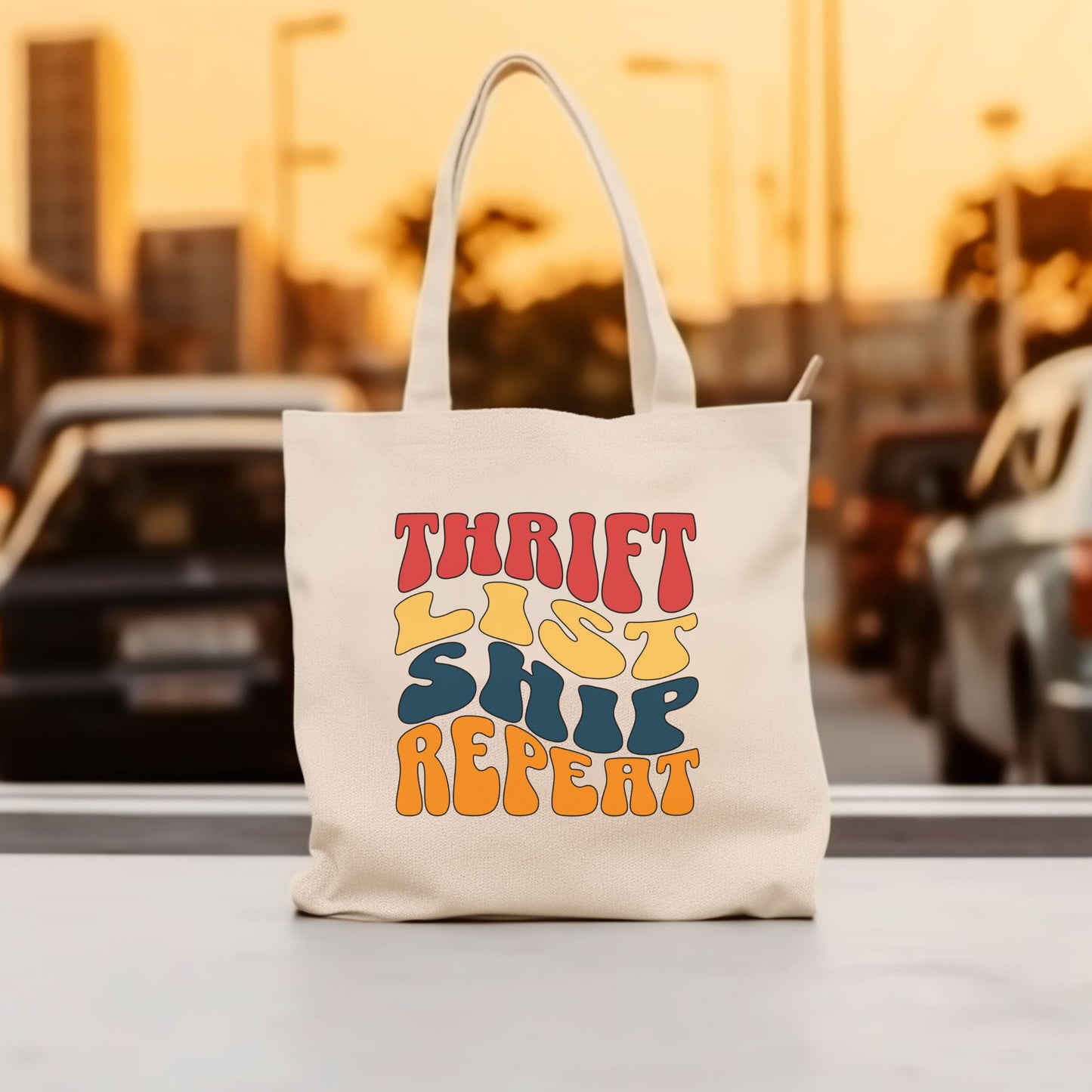 Thrifting Canvas Tote Bag "Thrift List Ship Repeat"