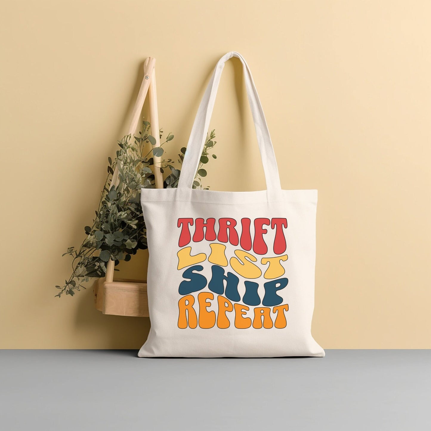 Thrifting Canvas Tote Bag "Thrift List Ship Repeat"