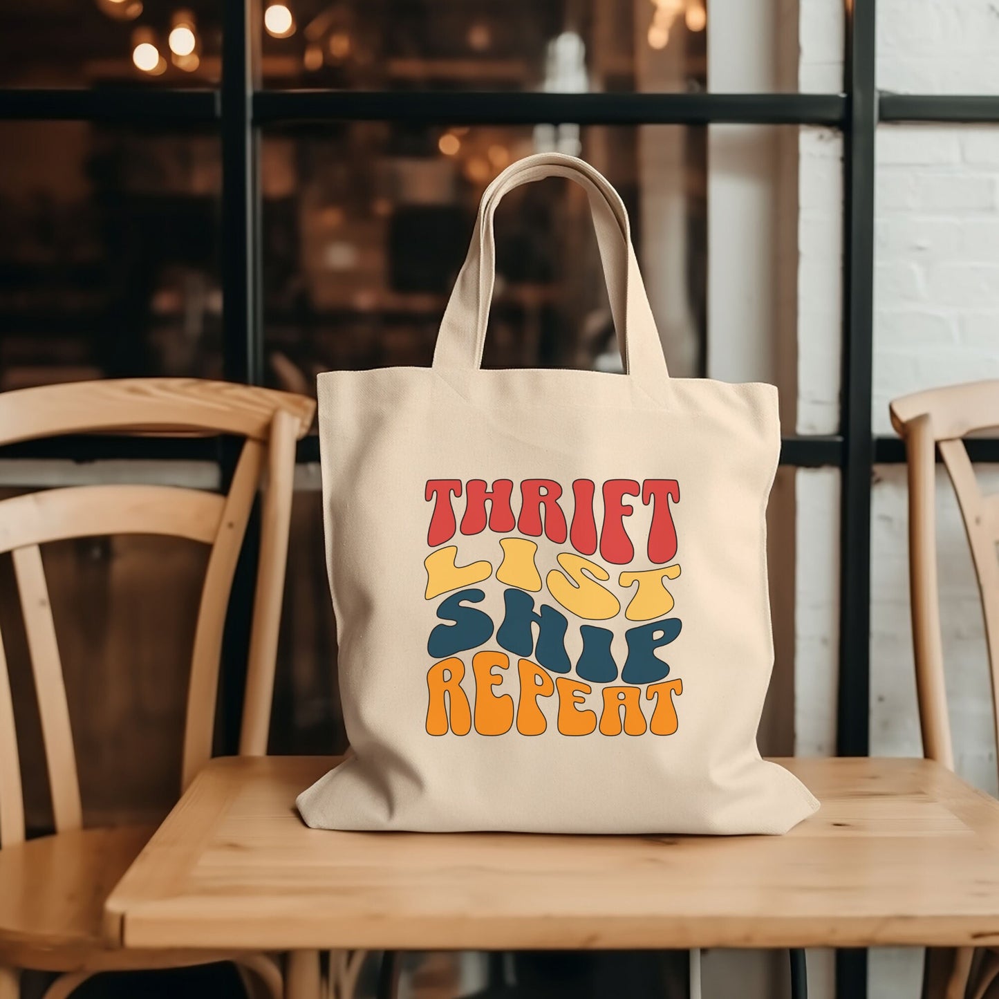 Thrifting Canvas Tote Bag "Thrift List Ship Repeat"