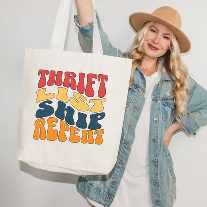 Thrifting Canvas Tote Bag "Thrift List Ship Repeat"