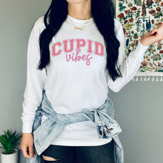 Cupid Vibes Collegiate Long Sleeve Crewneck Valentines Day Shirt