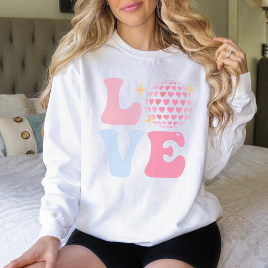 Love Disco Ball Long Sleeve Valentines Crewneck